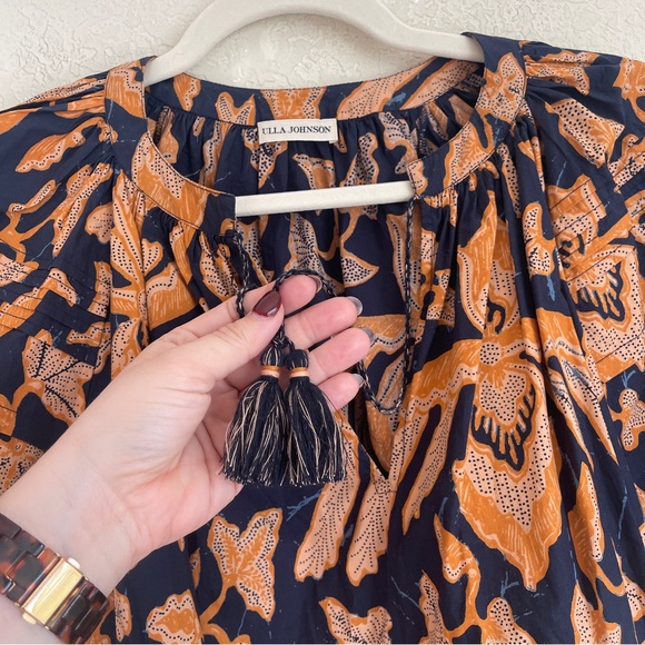 Ulla Johnson Arin Top Short Sleeve V Neck Tassel Blouse Orange Black Midnight - Picture 5 of 5